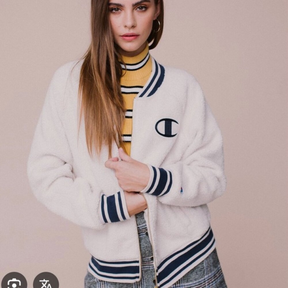 Champion Womens Sherpa Fleece Varsity Bomber Zip Jacket Cream Navy Stripe S